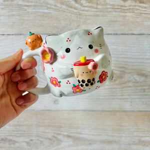 LNY CAT mug with Bubble tea and mandarin friends