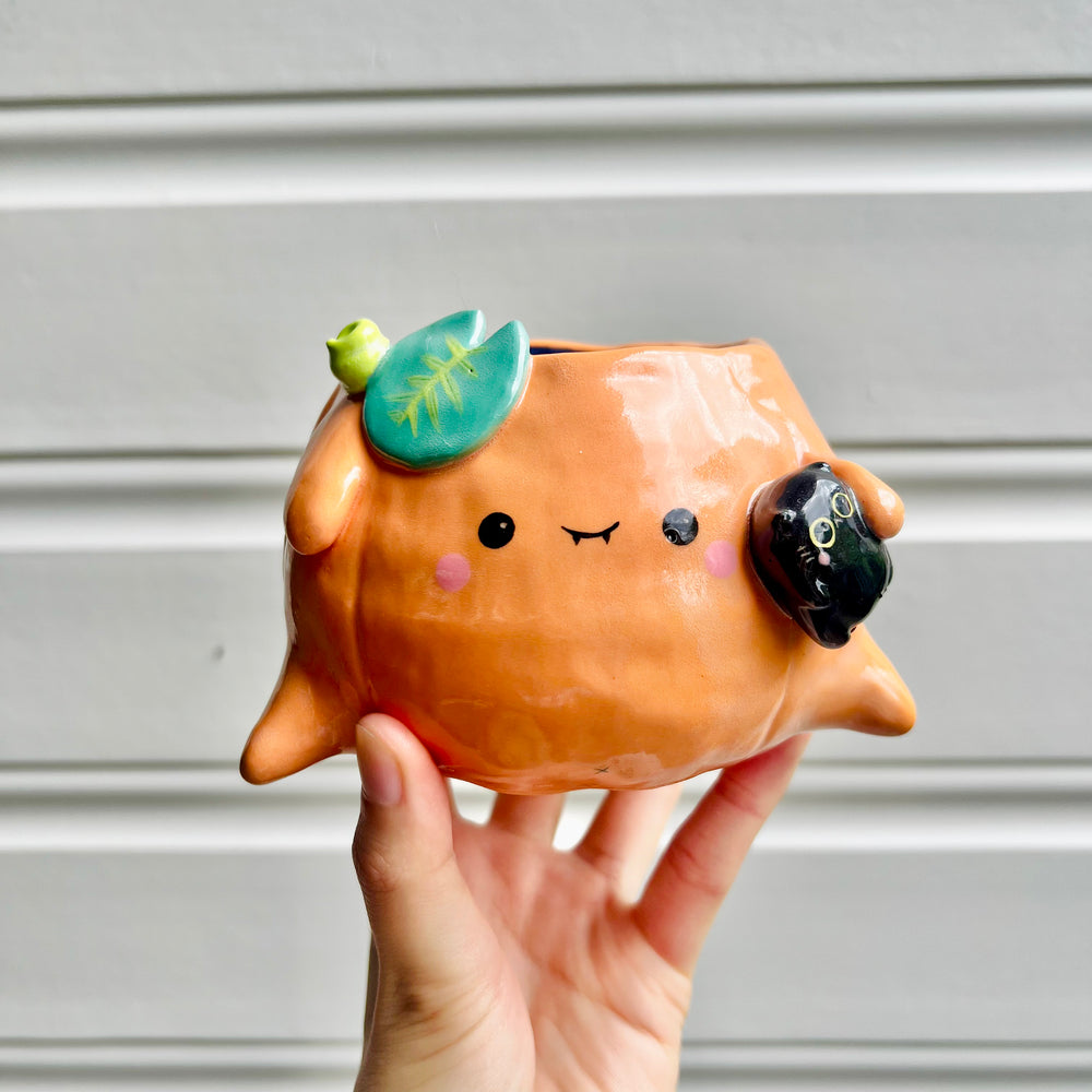 Halloween pumpkin pot with black cat friend, photo 1 of 5