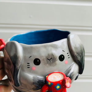 Spotty grey BUNNY coffee pun mug with mug friend