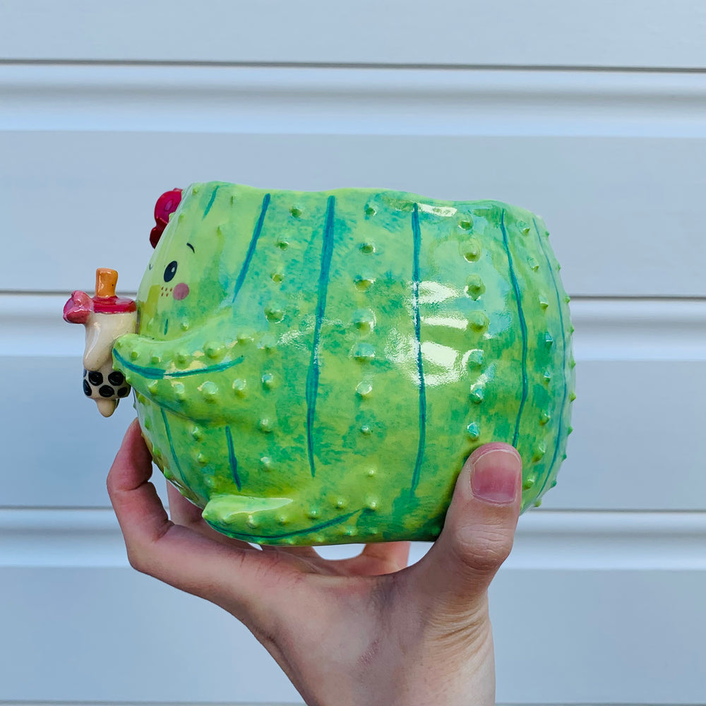 Dark green flowery cactus with bubble tea friend planter, photo 4 of 10