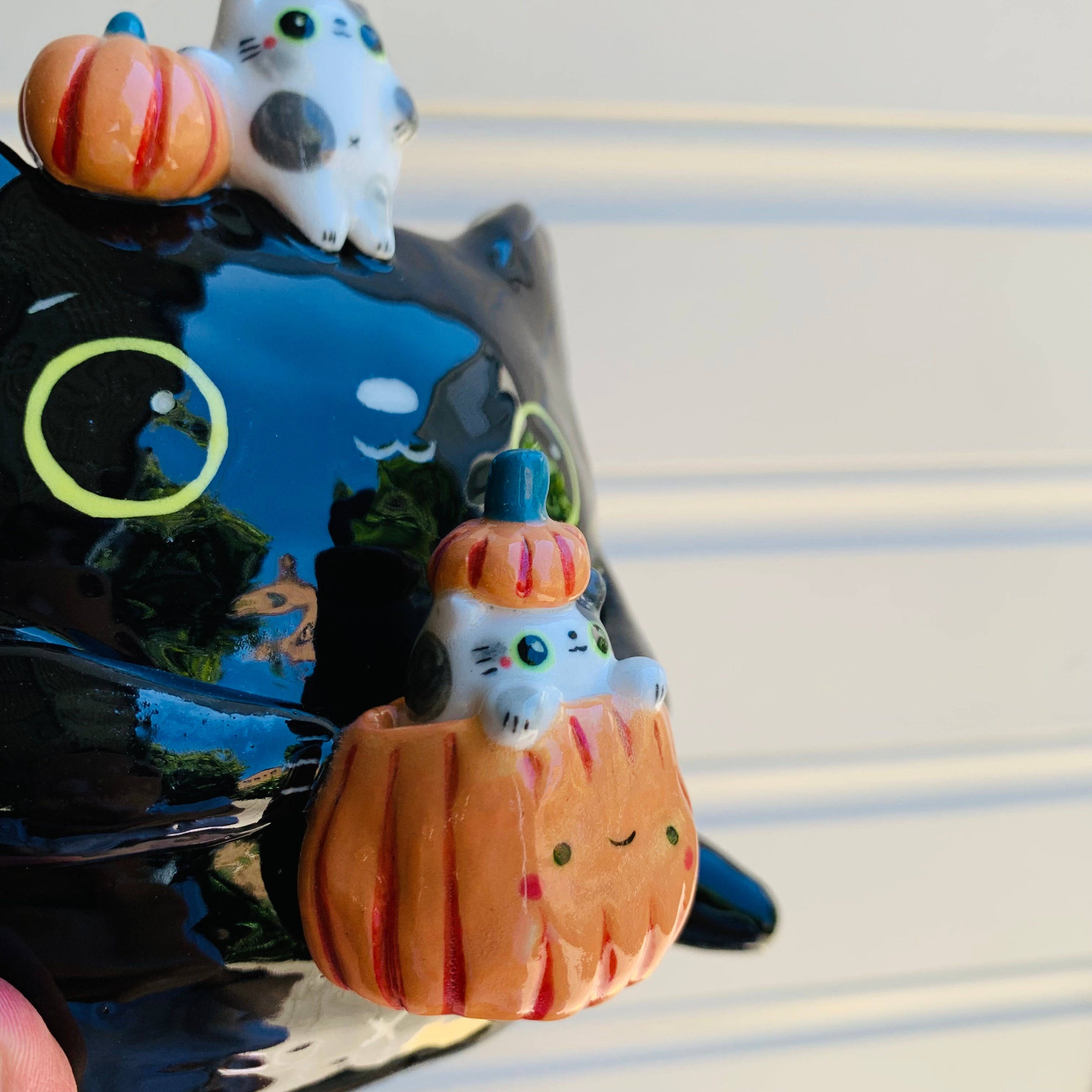 Big black cat with pumpkin and cat friends Halloween planter