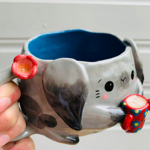 Spotty grey BUNNY coffee pun mug with mug friend