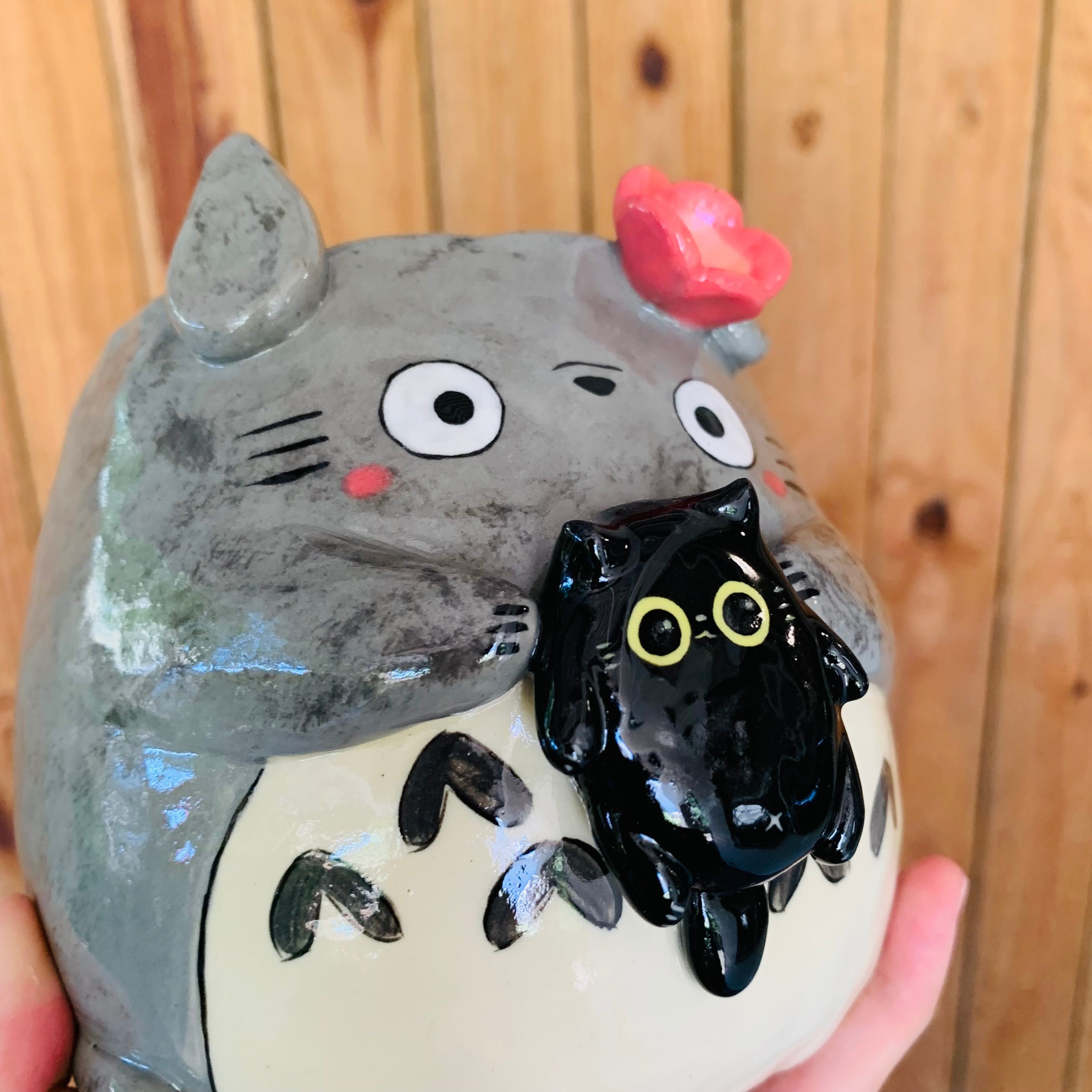 SET OF 2! Black cat pot with Totoro friend AND Totoro pot with black cat friend