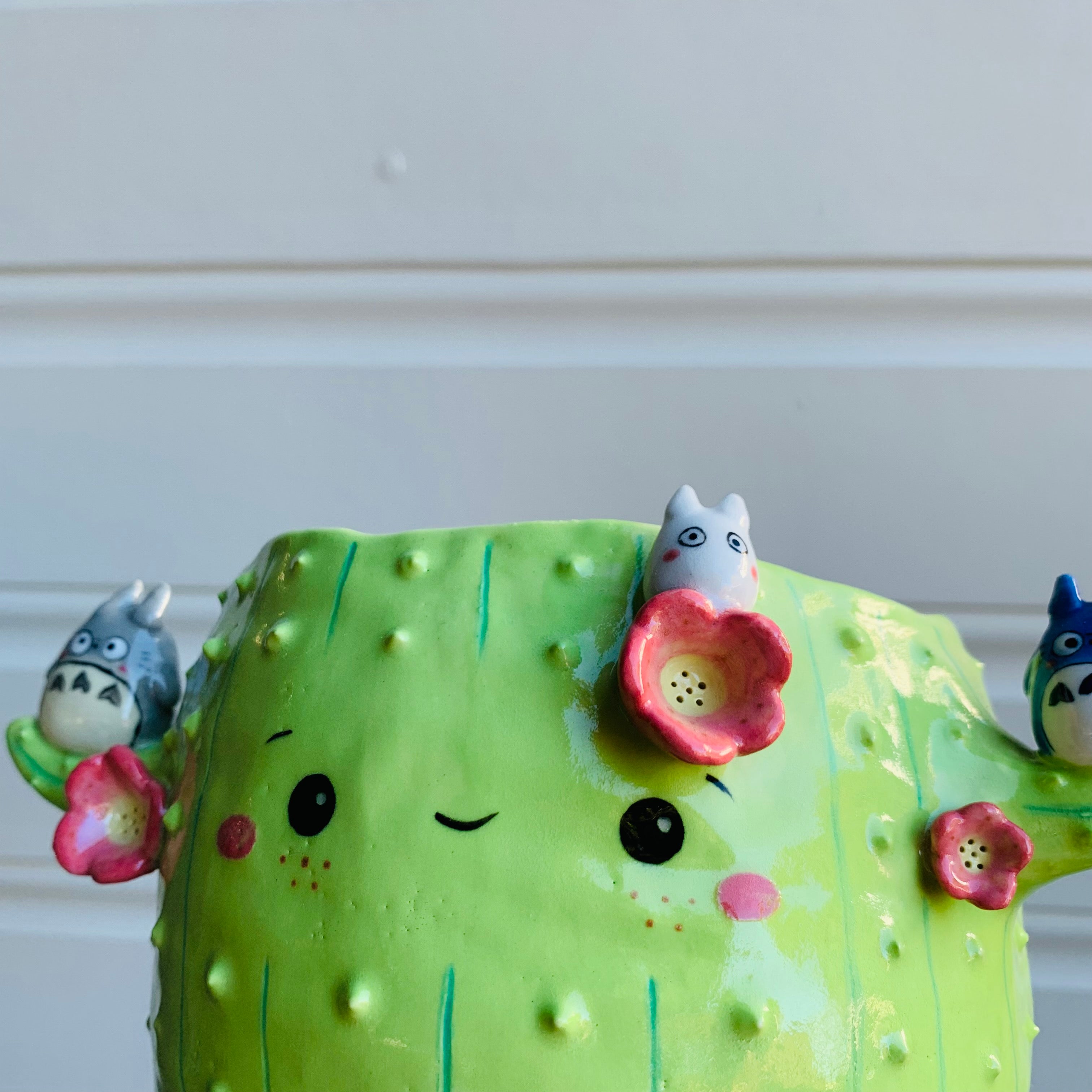 Light green flowery cactus pot with Totoro friends