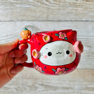 LNY DARUMA CAT MUG with mandarin friend