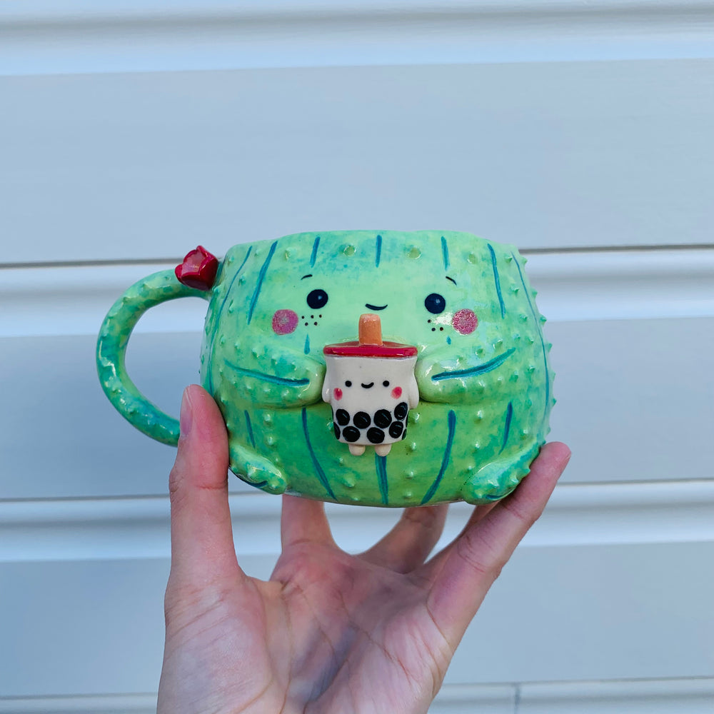 Dark green flowery cactus with bubble tea mug, photo 2 of 8