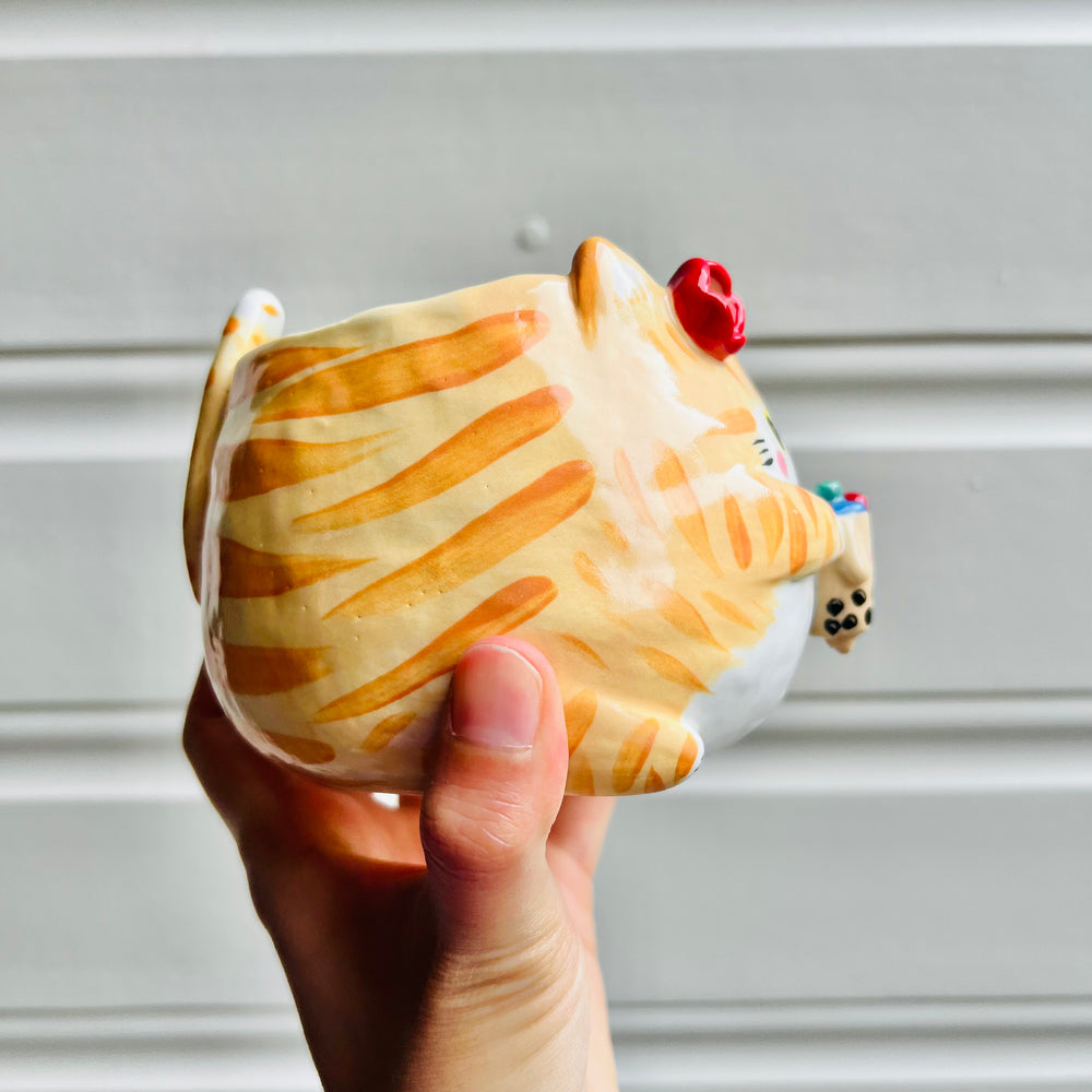 Ginger cat pot with bubble tea friend, photo 2 of 5